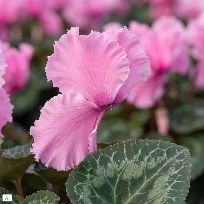 Piardino Zimmer-Alpenveilchen - Cyclamen persicum 'Curly', Topfgröße: 13 cm, Rosa - Nahaufnahme einer leuchtend rosa Alpenveilchenblüte mit zarten Blütenblättern und einem panaschierten grünen Blatt.