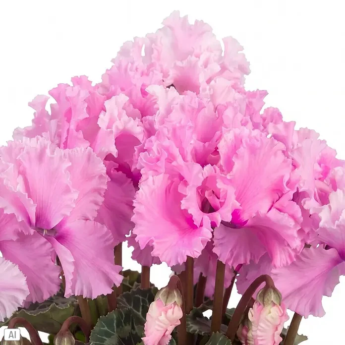 Piardino Zimmer-Alpenveilchen - Cyclamen persicum 'Curly', Topfgröße: 13 cm, Rosa - Leuchtend rosa Alpenveilchenblüten mit grünen Blättern und Knospen.