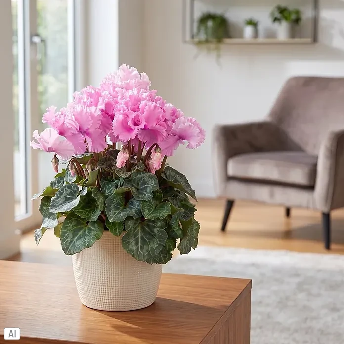 Piardino Zimmer-Alpenveilchen - Cyclamen persicum 'Curly', Topfgröße: 13 cm, Rosa - Rosa Alpenveilchen in einem weißen strukturierten Topf auf einem Holztisch im Wohnzimmer.
