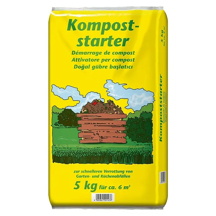 Kompoststarter - 5 kg, Max. Anwendungsfläche: 6 m³ - Gelbe Verpackung für Kompoststarter, 5 kg für ca. 6 m³, mit Illustration eines Komposthaufens.