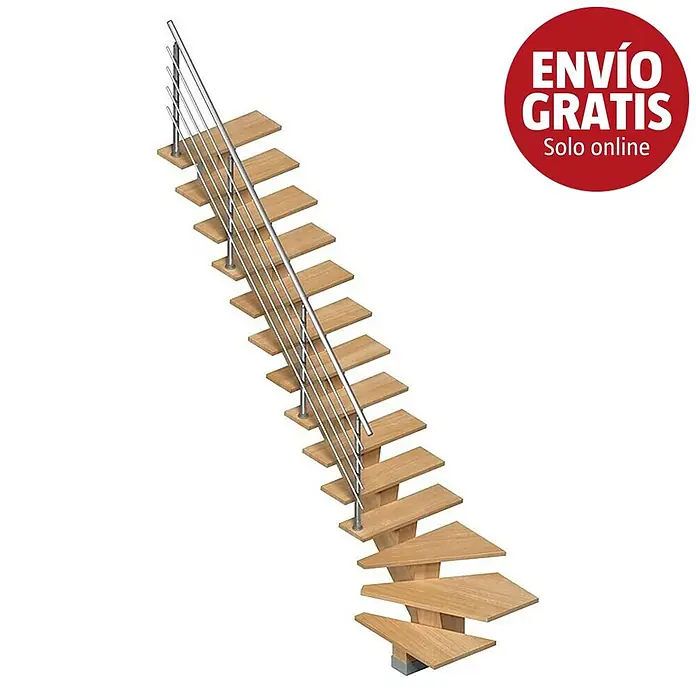 Sogem Escalera principal Kalea - Comanche Pure, Ancho: 85 cm, Gris, 1/4 espiral izquierda, Altura de planta: 285,2 cm, Con barandilla - Escalera moderna de peldaños volados con pasos de madera clara y barandilla metálica, con tramo giratorio abajo.