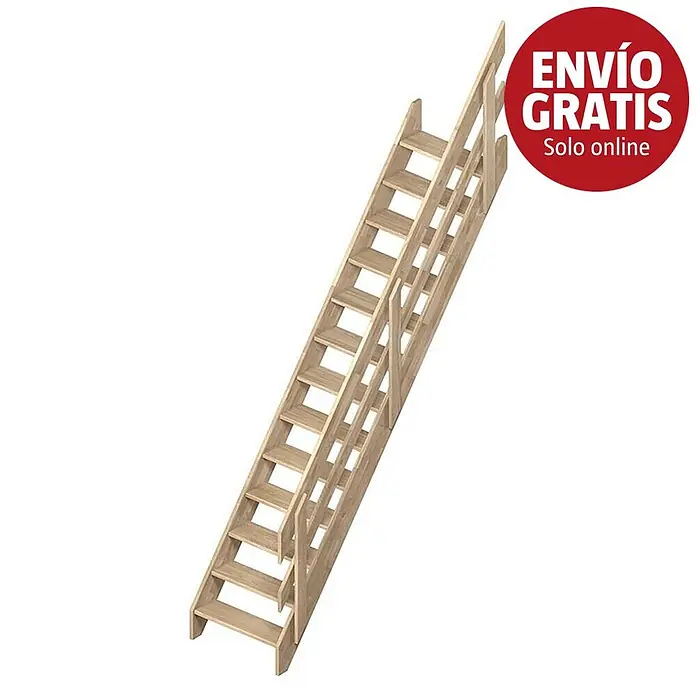 Sogem Escalera principal Ardennes - Roble, Ancho: 70 cm, Recto, Altura de planta: 285 cm, Con barandilla - Escalera de madera clara para buhardilla con pasamanos.
