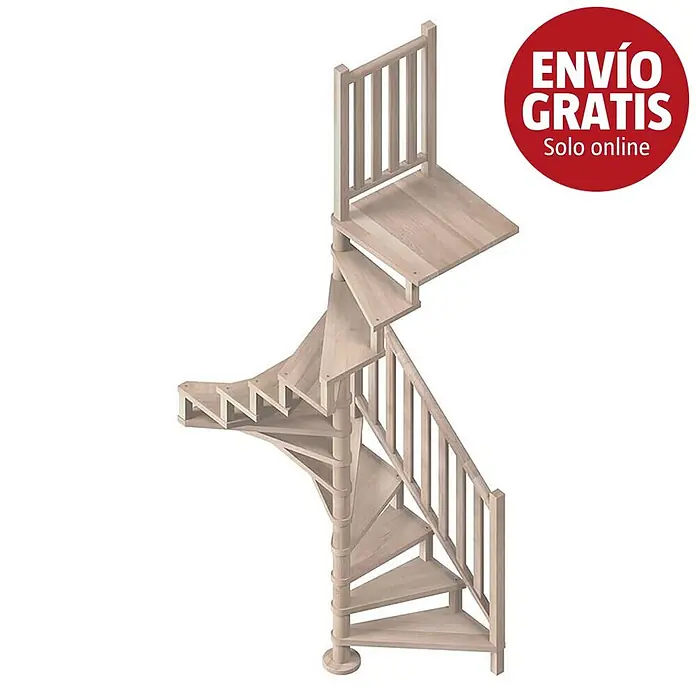 Sogem Escalera de caracol Square Luxe - Diámetro: 140 cm, Color peldaños: Haya, Altura de planta: 300 cm, Con barandilla - Escalera de caracol de madera clara con barandilla y rellano superior.