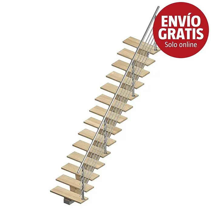 Sogem Escalera principal Kalea - Sioux White, Ancho: 85 cm, Gris, Recto, Altura de planta: 285,2 cm, Con barandilla - Moderna escalera flotante recta con peldaños de madera clara y barandilla de cable de acero inoxidable.