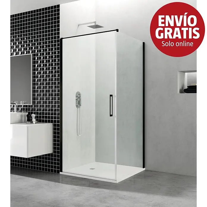 GME Mampara de ducha esquinera Open Combi A - L x An x Al: 70 x 50 x 195 cm, Negro - Mampara de ducha moderna con marco negro y plato de ducha blanco.