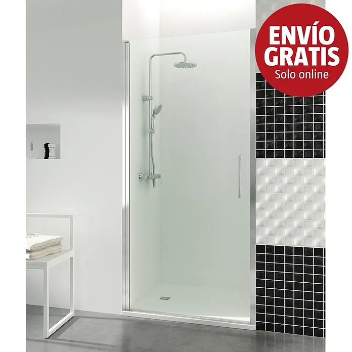 GME Mampara de ducha frontal Open Combi B - 65 x 195 cm, Vidrio transparente, Plata brillo - Mampara de ducha de cristal moderna con grifería cromada y plato de ducha blanco en un baño.