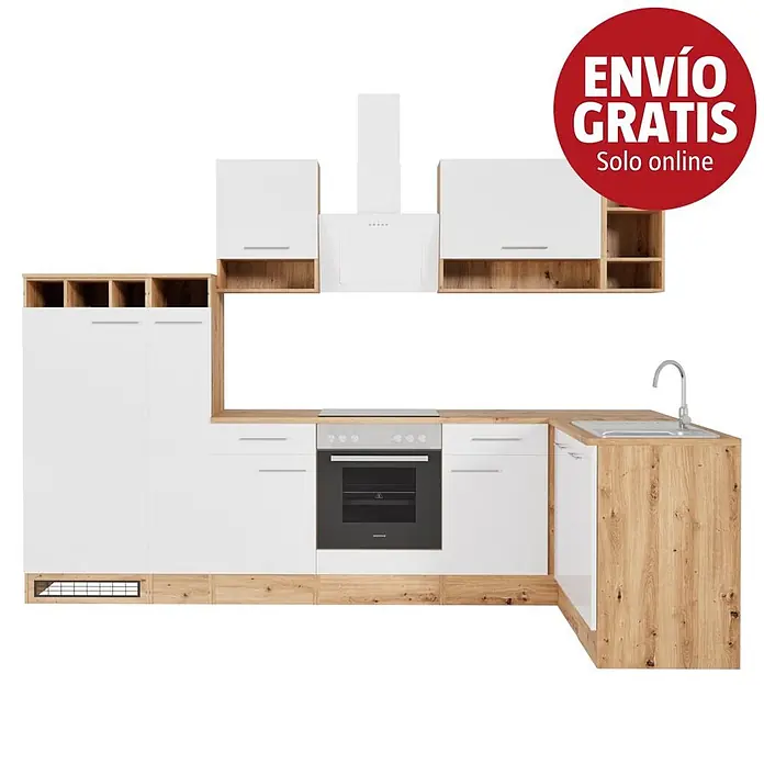 Respekta Cocina esquinera Hilde - Ancho: 310 cm, Blanco, Efecto madera, Con electrodomésticos - Cocina en L blanca y madera clara con horno, encimera, fregadero y armarios integrados.
