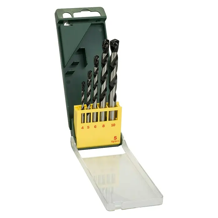 Bosch Beton- & Steinbohrer - Durchmesser Bohrer: 10 mm - Ein Set aus fünf Spiralbohrern unterschiedlicher Größen in einer grünen und gelben Kunststoffbox.