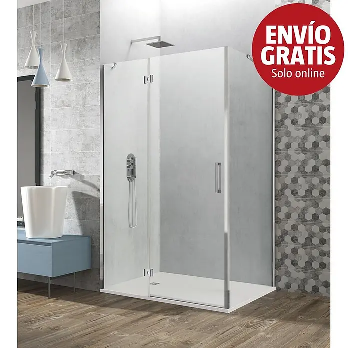 GME Mampara de ducha esquinera Glass Combi C - L x An x Al: 80 x 70 x 195 cm, Plata Brillo, L x An x Al: 80 x 70 (20/50) x 195 cm - Mampara de ducha de cristal moderna con paneles transparentes, perfiles cromados y plato de ducha blanco, instalada en un baño elegante.