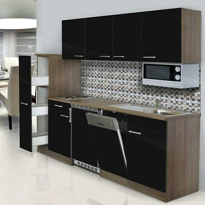 Respekta Composición de cocina (Ancho: 225 cm, Con placa vitrocerámica, Negro)