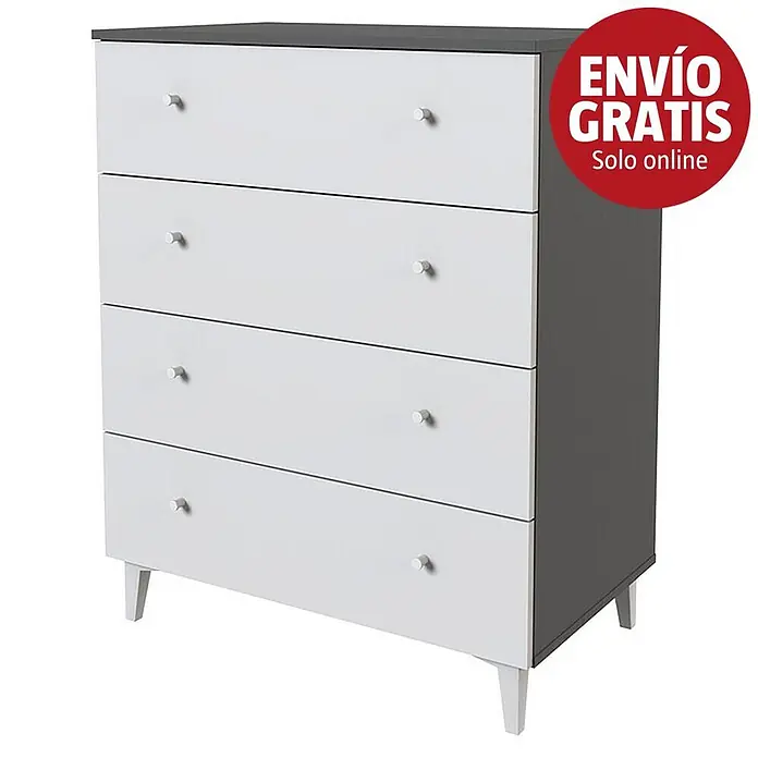 Meka Block Cómoda París - L x An x Al: 48 x 80,2 x 100,4 cm, Gris París/Blanco Liso, Número de cajones: 4 ud. - Cómoda blanca y gris oscuro con cuatro cajones, tiradores blancos y patas cónicas.
