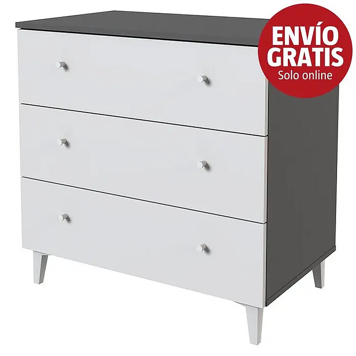 Meka Block Cómoda París - L x An x Al: 48 x 80,2 x 78,6 cm, Gris París/Blanco Liso, Número de cajones: 3 ud. - Cómoda blanca y gris oscuro con tres cajones, tiradores blancos y patas cónicas.