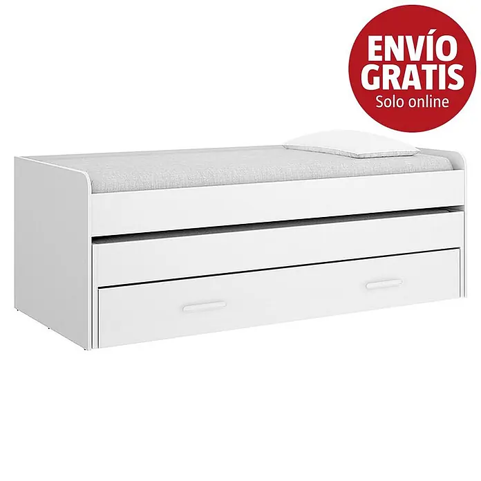 Dekit Cama nido Pema - L x An x Al: 200 x 97,5 x 70 cm, Blanco - Cama nido blanca con colchón gris claro y dos cajones de almacenamiento extraíbles.