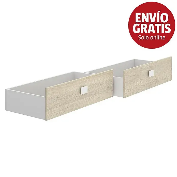 Dekit Cajón bajo cama Dina - L x An x Al: 47 x 95 x 25 cm, Específico para: Cama Dina, Natural/Blanco, 2 ud. - Dos cajones de efecto madera clara con tiradores cuadrados blancos, parcialmente abiertos, y una pegatina roja circular 'Envío Gratis solo online'.