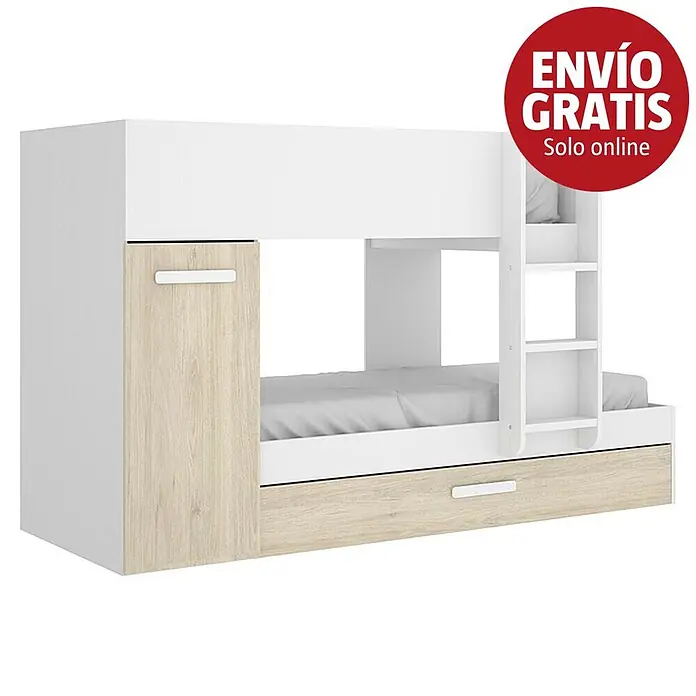 Dekit Litera Tom - L x An x Al: 112 x 144 x 150 cm, Blanco/Natural - Litera blanca y tono madera con estantes integrados, armario y cajón extraíble grande.
