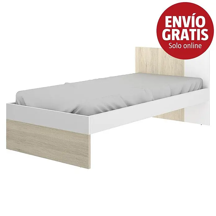 Dekit Cama Dina - L x An x Al: 196 x 97 x 79 cm, Natural/Blanco, Sin cajones - Cama individual con estructura blanca, cabecero y piecero de efecto madera clara, y un colchón gris claro.