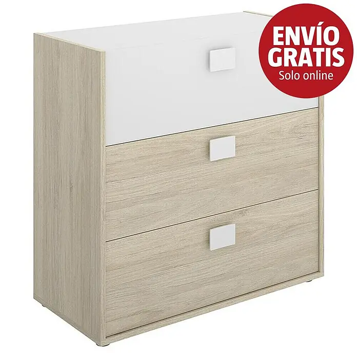 Dekit Cómoda Dina - L x An x Al: 41 x 81 x 81 cm, Natural/Blanco, Número de cajones: 3 ud. - Cómoda de tres cajones con un cajón superior blanco y dos cajones de imitación madera clara, con tiradores blancos.