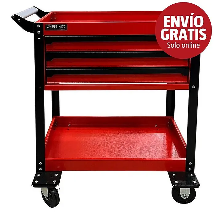 Fulmo Carro portaherramientas - L x An x Al: 68 x 45 x 90,5 cm, Acero, Rojo/Negro - Carro de herramientas FULMO rojo y negro con cajones, estante, asa y ruedas. La imagen incluye el texto: 'ENVÍO GRATIS Solo online'.