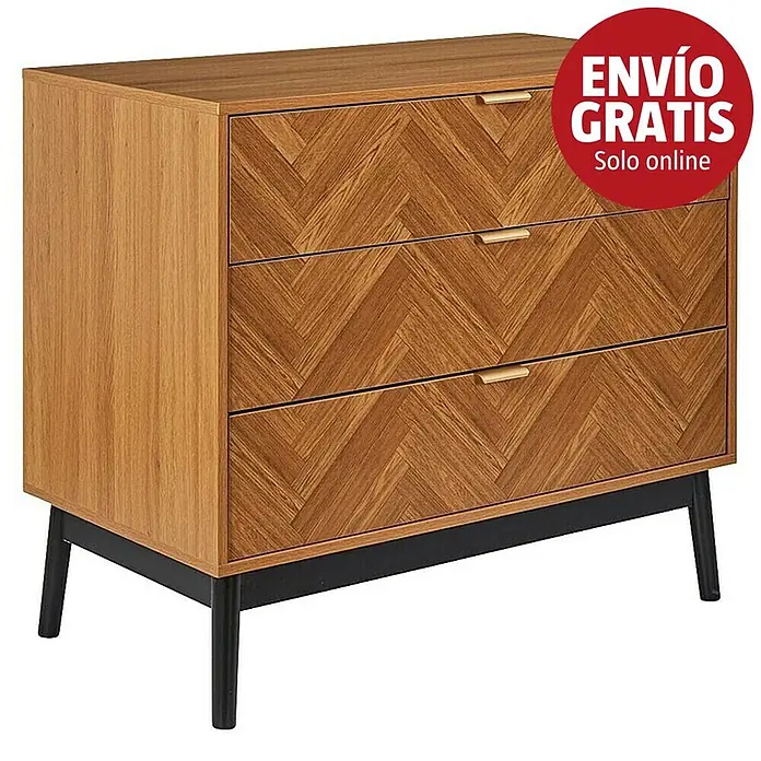 Home Deco Factory Felix Cómoda - L x An x Al: 49 x 90 x 79 cm, MDF, Número de cajones: 3 ud., Acabado en espiga - Cómoda de madera marrón con frentes de cajones de espiga y patas negras.