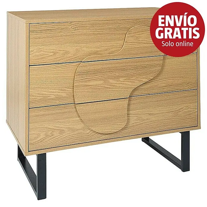 Home Deco Factory Calypso Cómoda - L x An x Al: 49 x 90 x 79 cm, Marrón/Negro, Número de cajones: 3 ud., Relieves curvos - Cómoda de madera clara con tres cajones de frentes ondulados esculpidos y patas de metal negro.