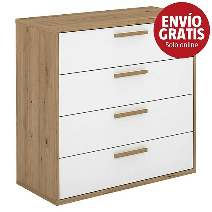Meka Block Cómoda K-977 - L x An x Al: 88,2 x 40 x 86,5 cm, Roble Albar/Blanco Poro, Número de cajones: 4 ud. - Cómoda de cuatro cajones con estructura de madera clara y frentes blancos, con tiradores finos de madera.