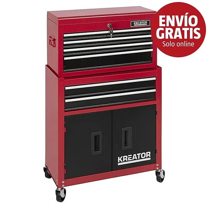 Kreator Carro portaherramientas KRT653005 - L x An x Al: 32,5 x 64 x 64 cm, Número de cajones: 6 ud. - Carro de herramientas KREATOR rojo y negro con múltiples cajones y armarios inferiores con ruedas.