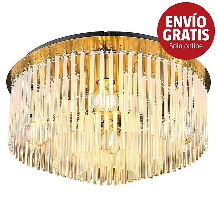 Globo Gorley Plafón redondo - 60 W, Ø x Al: 50 x 25 cm, Oro, Oro - Lámpara de techo dorada con varillas de cristal transparente y bombillas visibles, efecto candelabro moderno.