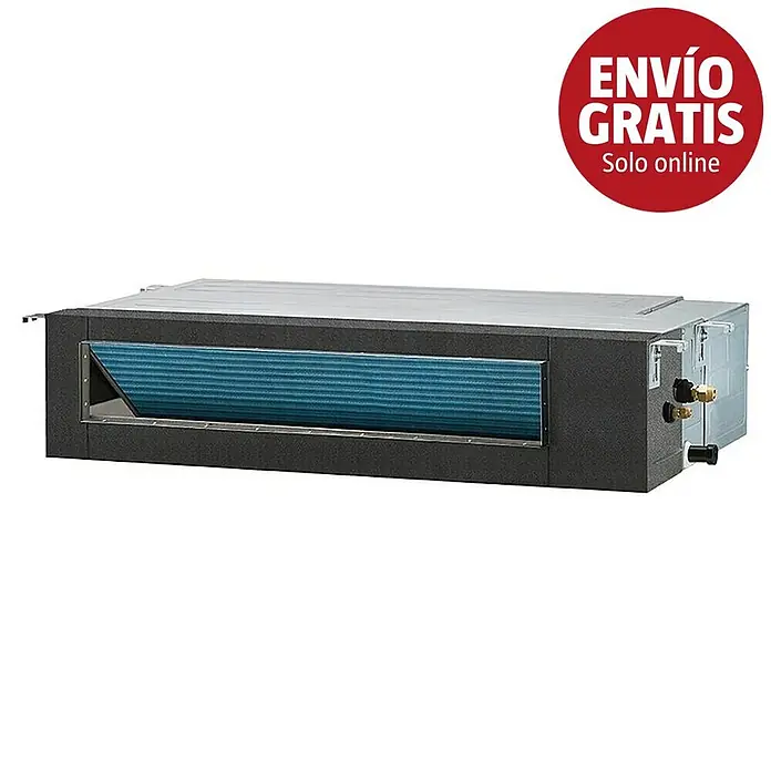 Corberó Aire acondicionado por conductos CCD18BORA - 5.300 W, 5.800 W, 35 m², Negro - Unidad interior de aire acondicionado por conductos gris y negra con serpentín de refrigeración azul visible y tubos de conexión.