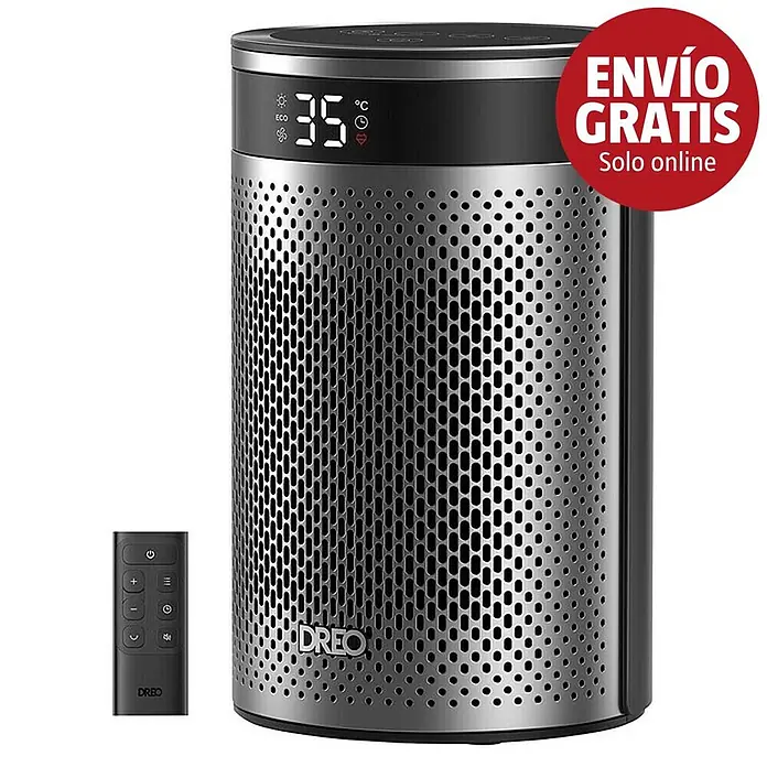 Dreo Calefactor cerámico portátil Atom - 900 kW - 1.500 kW, Negro/Plata, Fijo, 10 m² - 20 m² - Calefactor eléctrico de torre negro y plata con rejilla perforada, pantalla digital (35°C) y mando a distancia.