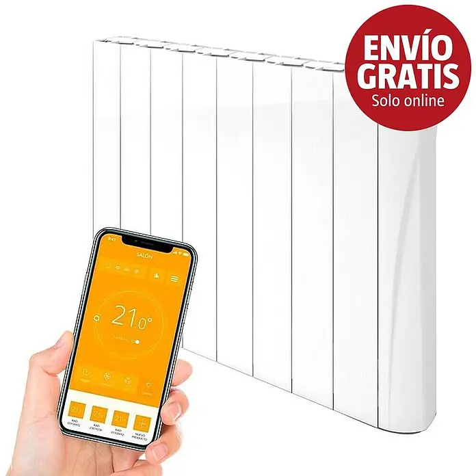 Voltomat HEATING Emisor térmico VOLCW - 1.000 W, Blanco, 9,8 x 58,5 x 57,5 cm, Cerámico - Radiador eléctrico blanco controlable con una app de smartphone que muestra una temperatura de 21,0°.