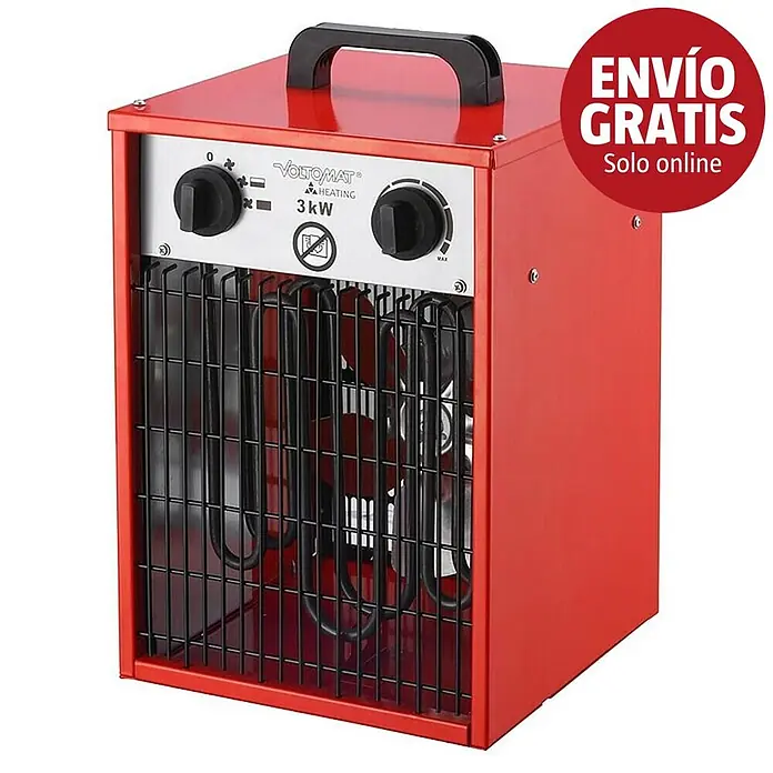 Voltomat HEATING Calefactor industrial - Específico para: Habitaciones de hasta 25 m², 1.000 W - 3.000 W, Tensión nominal: 220 V - 240 V, Rojo, IP24 - Calentador industrial de ventilador de 3kW de metal rojo con asa negra, mandos de control y rejilla protectora.