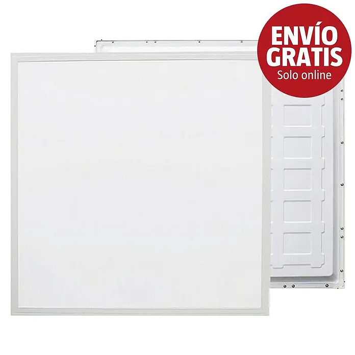 Led Hispania Panel LED Sky - 29,8 W, 59,5 x 59,5 cm, Blanco neutro, 4.000 K - Dos paneles LED cuadrados blancos, uno mostrando su frente, el otro su parte trasera texturizada. Círculo rojo: "ENVÍO GRATIS Solo online".