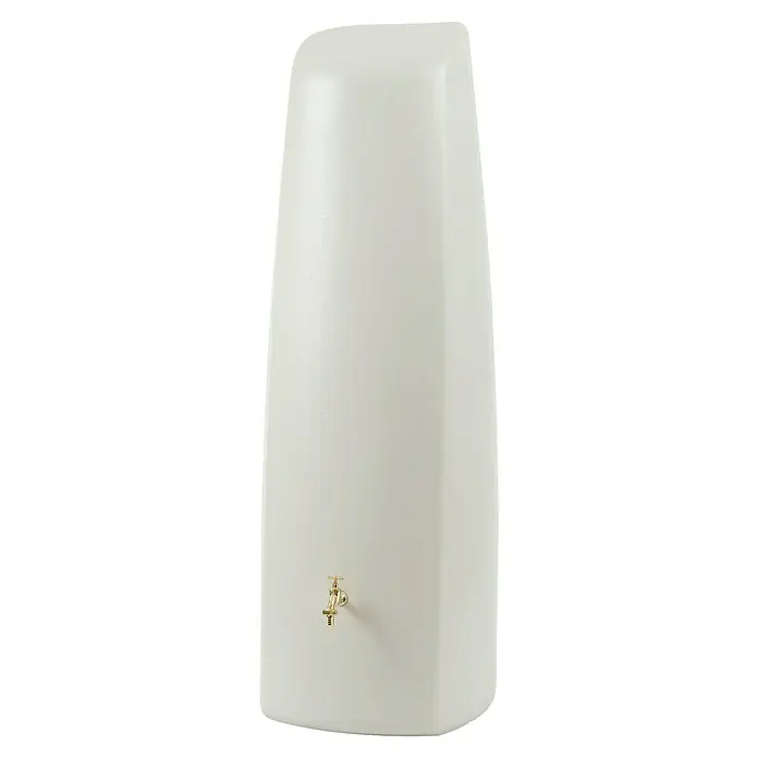 Garantia Classic Line Regenspeicher Elegance - 400 l, Sandbeige - Nahaufnahme eines schlanken, weißen Regenspeichers mit goldenem Wasserhahn, ideal für die Gartenbewässerung und umweltfreundliche Wassernutzung.