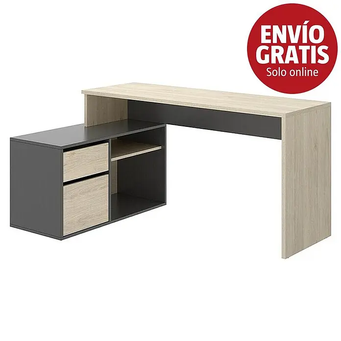 Dekit Mesa de escritorio Rox - L x An x Al: 92 x 139 x 75 cm, Natural/Grafito - Escritorio bicolor en aspecto madera clara y gris oscuro, con cajones y estantes integrados.