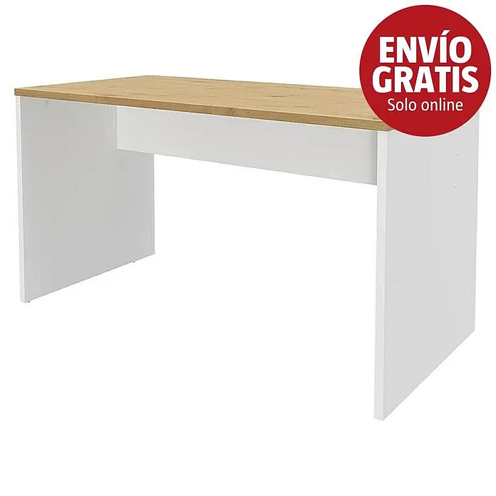 Meka Block Mesa de escritorio K-695 - L x An x Al: 67,2 x 138,5 x 75 cm, Roble Albar/Blanco - Escritorio con base blanca y superficie de madera clara.