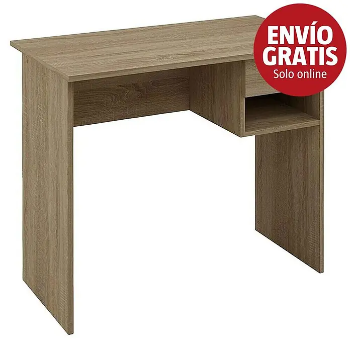 Meka Block Mesa de escritorio K-9453 - L x An x Al: 50 x 90 x 74 cm, Roble Cortez - Escritorio de madera clara con un cajón y un estante abierto en el lado derecho.