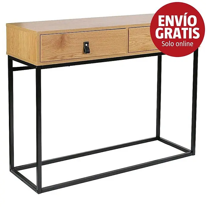 Home Deco Factory Abbot Mesa auxiliar - L x An x Al: 35 x 100 x 80,5 cm, Marrón/Negro, Número de cajones: 2 ud. - Consola de madera clara con dos cajones, uno con tirador de cuero negro, sobre estructura metálica negra.