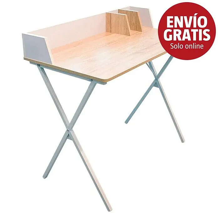 Home Deco Factory Mesa de escritorio - L x An x Al: 50 x 90 x 85 cm, Blanco/Madera - Escritorio plegable con tablero de madera clara, organizador blanco/madera integrado y patas metálicas en X.