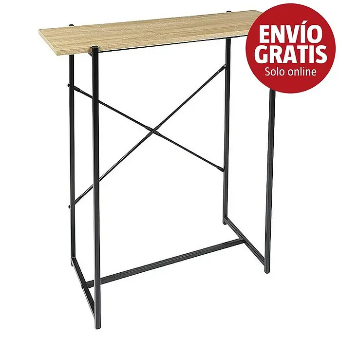 Home Deco Factory Loka Mesa auxiliar - L x An x Al: 30 x 80 x 82 cm, Negro/Marrón, Metal/MDF - Mesa consola con tablero de madera clara y estructura de metal negro con travesaños cruzados.