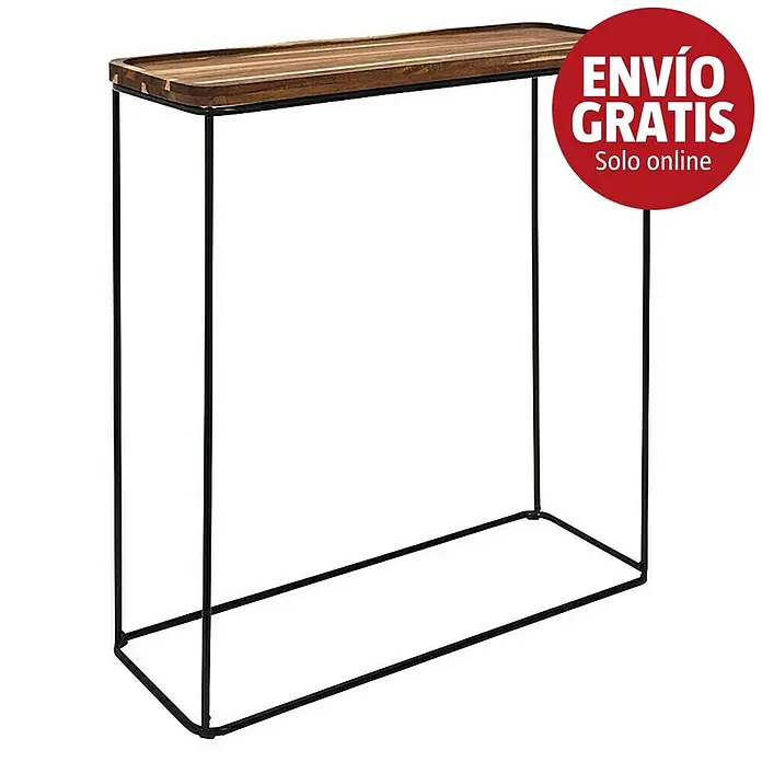 Home Deco Factory Mesa auxiliar Acacia - L x An: 30 x 80 cm, Marrón/Negro - Mesa consola con tapa rectangular de madera y estructura minimalista de metal negro.