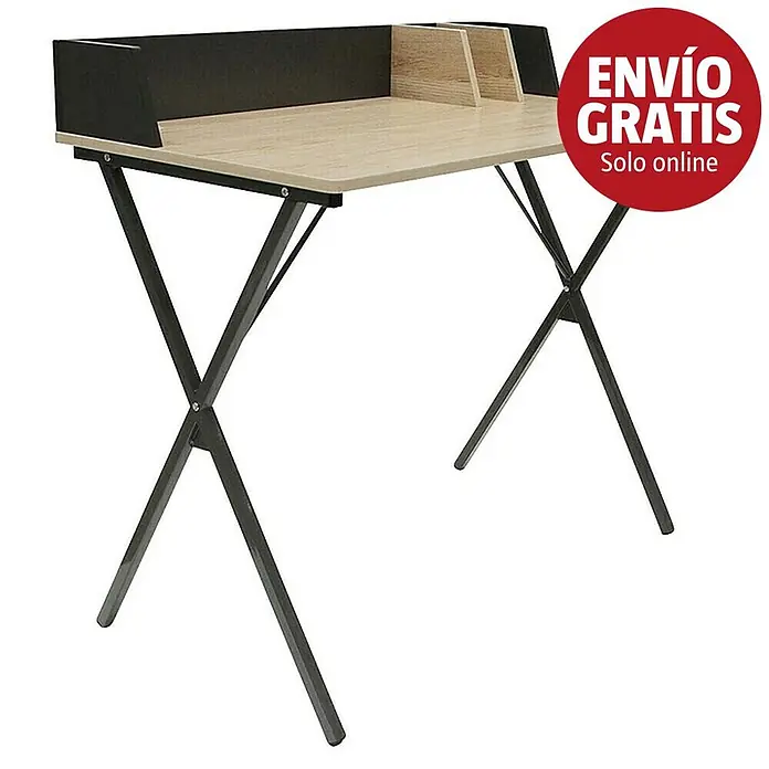 Home Deco Factory Mesa de escritorio - L x An x Al: 50 x 90 x 85 cm, Negro/Madera - Un escritorio compacto con tablero de madera clara, patas de metal negro en forma de X y panel trasero negro con un pequeño organizador integrado.