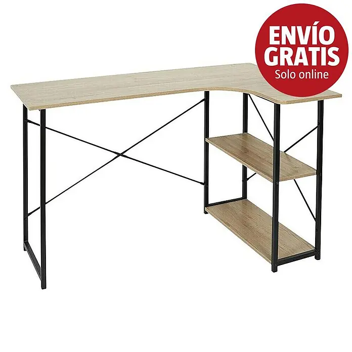 Home Deco Factory Mesa de escritorio Job - L x An x Al: 74 x 120 x 74 cm, Negro/Madera - Escritorio en forma de L con superficie y estantes de efecto madera clara, con estructura de metal negro.