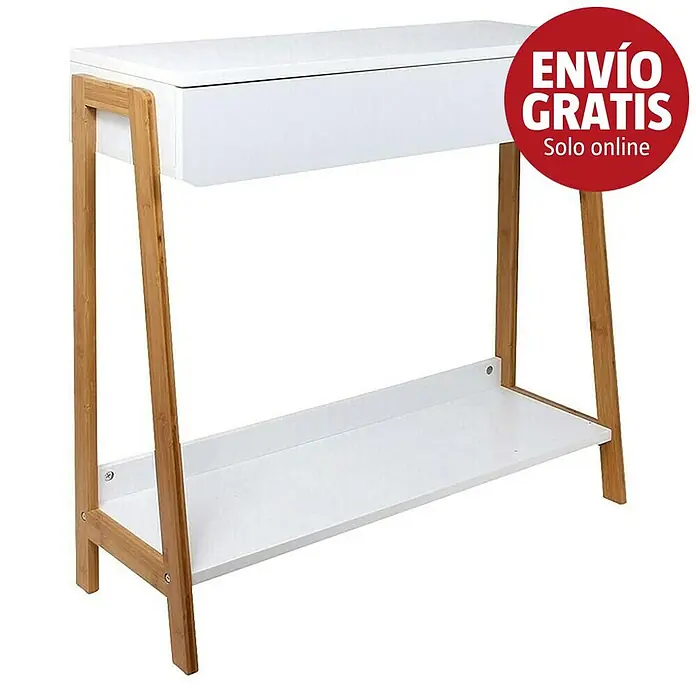 Home Deco Factory Mesa auxiliar - L x An x Al: 34 x 83,8 x 77 cm, Blanco/Marrón, MDF - Consola blanca con cajón superior, estante inferior y estructura de madera clara.