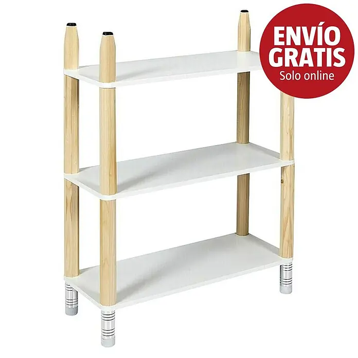 Home Deco Kids Estantería Lápiz - L x An x Al: 24 x 70 x 77 cm, Blanco/Beige, Específico para: Niños de 3 a 5 años - Estantería de tres niveles con baldas blancas y postes de madera clara. Con puntas cónicas y patas metálicas plateadas.