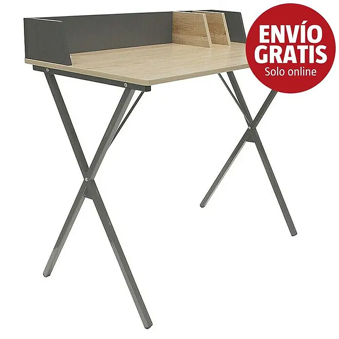 Home Deco Factory Mesa de escritorio - L x An x Al: 50 x 90 x 85 cm, Gris/Madera - Escritorio de madera clara con panel trasero gris oscuro, compartimentos integrados y patas de metal gris oscuro en forma de X.