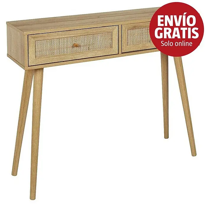 Home Deco Factory Bali Mesa auxiliar - L x An x Al: 29 x 100 x 81 cm, Marrón, Con ratán trenzado - Consola de madera clara con dos cajones de ratán y patas cónicas.