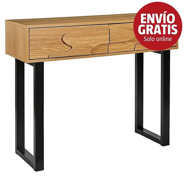 Home Deco Factory Calypso Mesa auxiliar - L x An x Al: 35 x 100 x 80 cm, MDF/Metal, Relieves curvos - Consola de madera clara con patas de metal negro y tres cajones, el izquierdo con tirador curvo.