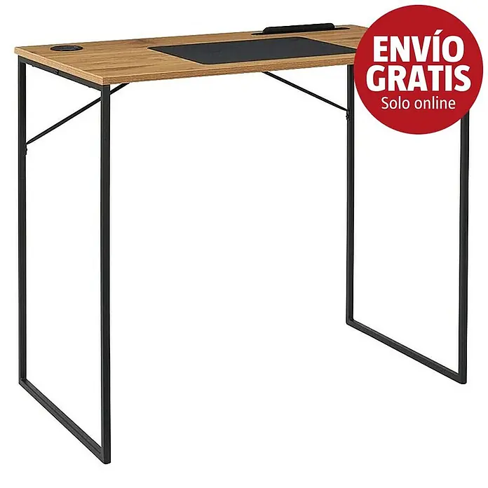 Home Deco Factory Mesa de escritorio Link - L x An x Al: 50 x 90 x 76 cm, Marrón/Negro - Escritorio de madera con patas de metal negro, alfombrilla negra integrada y pasacables.
