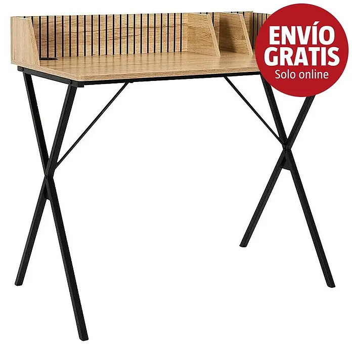 Home Deco Factory Klaus Mesa de escritorio - L x An x Al: 50 x 90 x 84,5 cm, Marrón/Negro, Diseño acanalado - Escritorio de madera clara con patas de metal negro, con un respaldo elevado con lamas verticales y dos compartimentos.
