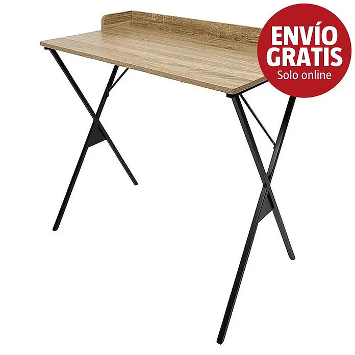 Home Deco Factory Loka Mesa de escritorio - L x An x Al: 48 x 80 x 80 cm, Marrón/Negro, MDF/Metal - Escritorio de madera clara con patas negras de metal en forma de X.